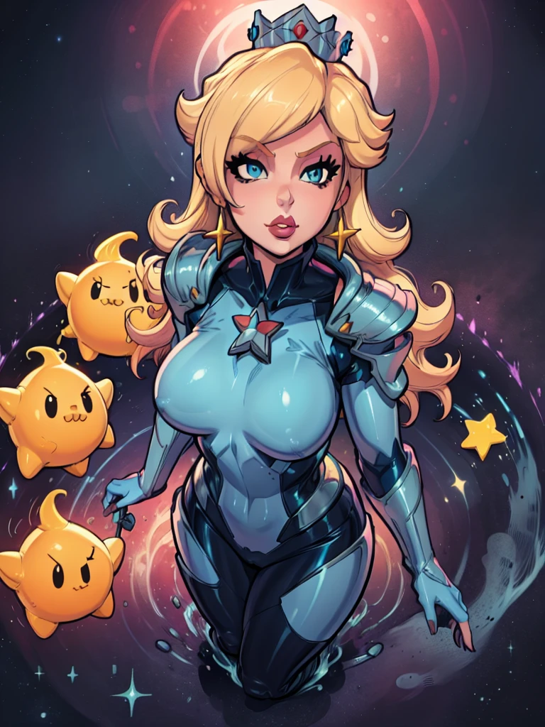 una MILF rosalina en traje espacial con una estrella en el pecho, guardián estelar inspirado, retrato de una heroína de anime femenina con curvas, delineado!!!, arte lineal!!, female protagonist, Arte conceptual!!, fanart detallado, traje de cuerpo armadura chica, 