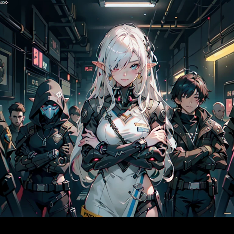 ((masterpiece)), (top quality), (best quality), ((ultra-detailed, 8k quality)), Aesthetics, Cinematic lighting, (detailed line art), absurdres, (best composition), (high-resolution),
BREAK,
Beauty of a elf girl, mecha girl, tech wear police organic cyborg, white plastic armored, (yellow techwear armored, yellow and black safety tapes), Detailed Cloth, and armored Texture, She is major police in cyberpunk with his squad, cyberpunk, cowboy shot, walked with ((crossed arms:1.2)), Cinematic dramatic atmosfer, fantasy, intricate, elegant, highly detailed, lifelike, photorealistic, digital painting, artstation, illustration, concept art, smooth, sharp focus, art by Yoji Shinkawa, by Mikimoto Haruhiko, by Artgerm,
BREAK,
highly detailed of (elf), (1girl), solo, perfect face, details eye, ahoge, ((long hair:1.2)), (hair over one eye:1.3), [[Messy hair]], shiny blonde white hair, blue eyes, multicolored hair, (eyelashes, eyeshadow, pink eyeshadow), smile, design art by Mikimoto Haruhiko, by Kawacy, By Yoshitaka Amano,
BREAK, 
((perfect anatomy)), perfect body, Abs, medium breast, best hands, perfect face, beautiful face, beautiful eyes, perfect eyes, (perfect fingers, deatailed fingers), correct anatomy, 
BREAK, 
Watercolor wash painting, muted colors, warm colors, best quality, delicate brushwork,painting style background, abandoned building, neon-lit cyberpunk cityscape, industrial, cables and pipes, ventilation ducts, police line, crowded The police squad walked behind the major, (depth of field:1.2), (blurry background:1.2),the style of Mikimoto Haruhiko, Artgerm, Kentaro Miura style, the style of Mikimoto Haruhiko, Artgerm, Kentaro Miura style,