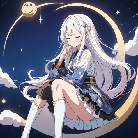 star fairy、(masterpiece, best quality), 1girl, sitting on the crescent moon、「a beautifully printed galaxy patterned kimono and g...