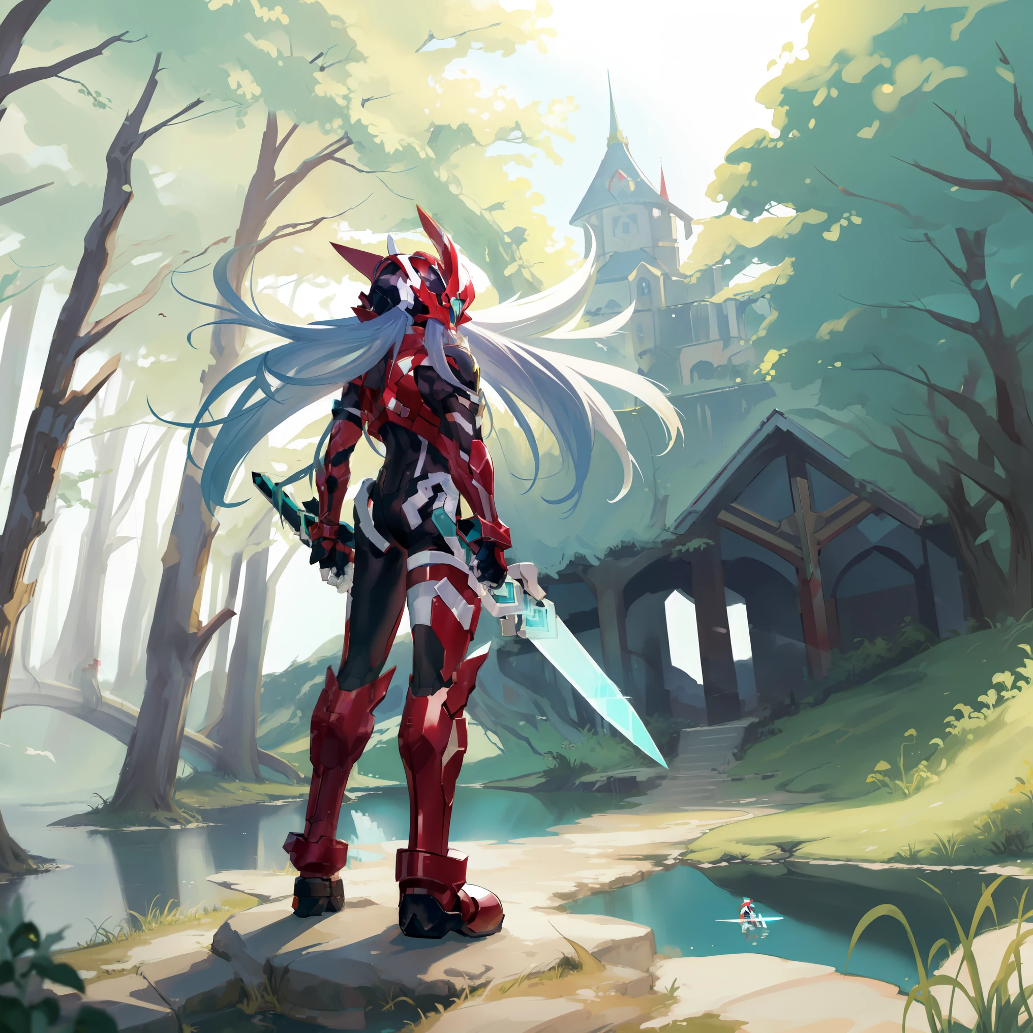 megzeromyth2023, 1boy, long white hair, red armor, green energy sword, high quality, masterpiece, standing next to a swamp and castle surrounded by mist, 1boy, outdoors, weapon, male focus, tree, solo, from behind, holding weapon, bird, facing away, gun, scenery