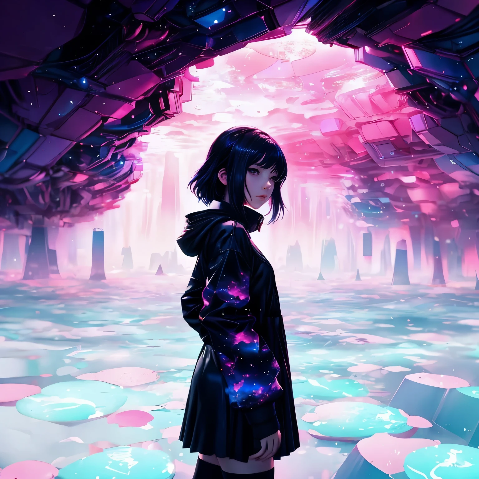 Anime girl in a black coat standing in front of a pink and blue background, Blurry dreamy illustration, Blurry dreamy illustration, Inspired by Alena Aenami, makoto shinkai cyril rolando, Just a joke, Inspired by Kilian Eng, style of alena aenami, Art by Alena Aenami, Dreamy Cyberpunk Girl, Reusch |