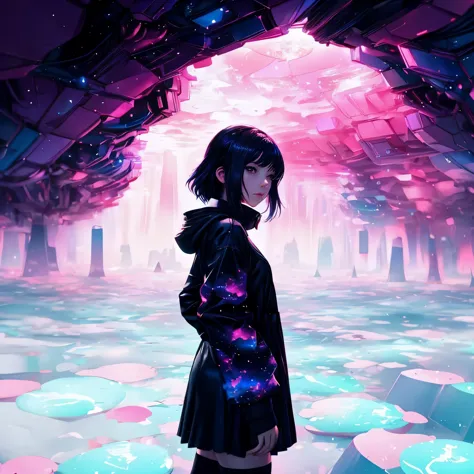 anime girl in a black coat standing in front of a pink and blue background, blurry dreamy illustration, blurry dreamy illustrati...