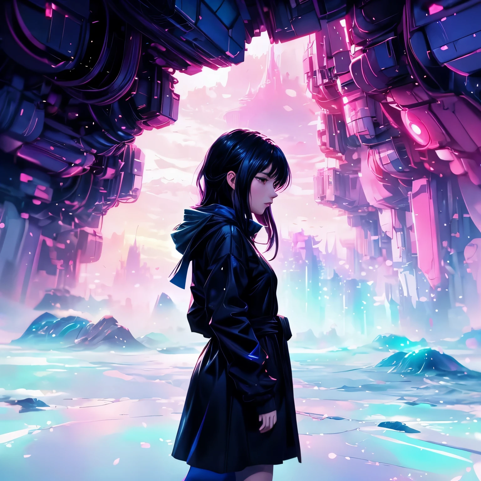 Anime girl in a black coat standing in front of a pink and blue background, Blurry dreamy illustration, Blurry dreamy illustration, Inspired by Alena Aenami, makoto shinkai cyril rolando, Just a joke, Inspired by Kilian Eng, style of alena aenami, Art by Alena Aenami, Dreamy Cyberpunk Girl, Reusch |