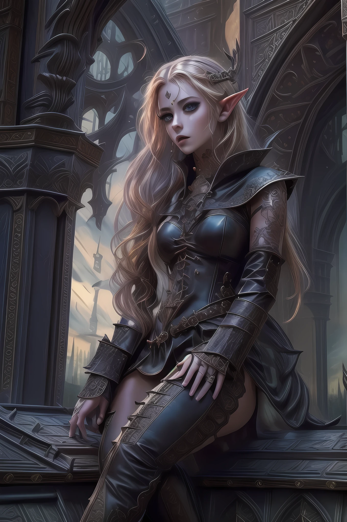 fantasy art, d&d art, rpg art, realistic art, goth art, a, high details, best quality, 16k, [ultra detailed], masterpiece, best quality, (extremely detailed), dynamic angle, RAW, photorealistic, a picture of an epic fantasy thief , kneeling on roof top (best details, Masterpiece, best quality: 1.5) on top of a roof in goth fantasy city, ready for action, plenty of buildings, a temple (best details, Masterpiece, best quality: 1.5), female elf (best details, Masterpiece, best quality: 1.5), epic fantasy thief, [[anatomically correct]], blond hair, braided hair, fair skin, intense bright eyes, armed with dagger, dynamic position (intricate details, Masterpiece, best quality: 1.5), small pointed ears, dark armor, full leather armor (intricate details, Masterpiece, best quality: 1.5), tense atmosphere, night, stars light, moon light, moon rays, stars, best details, best quality, highres, ultra wide angle, drkfntasy night over the roof top of a goth church, the elf watches the city below,  it is ready to act, medieval city background