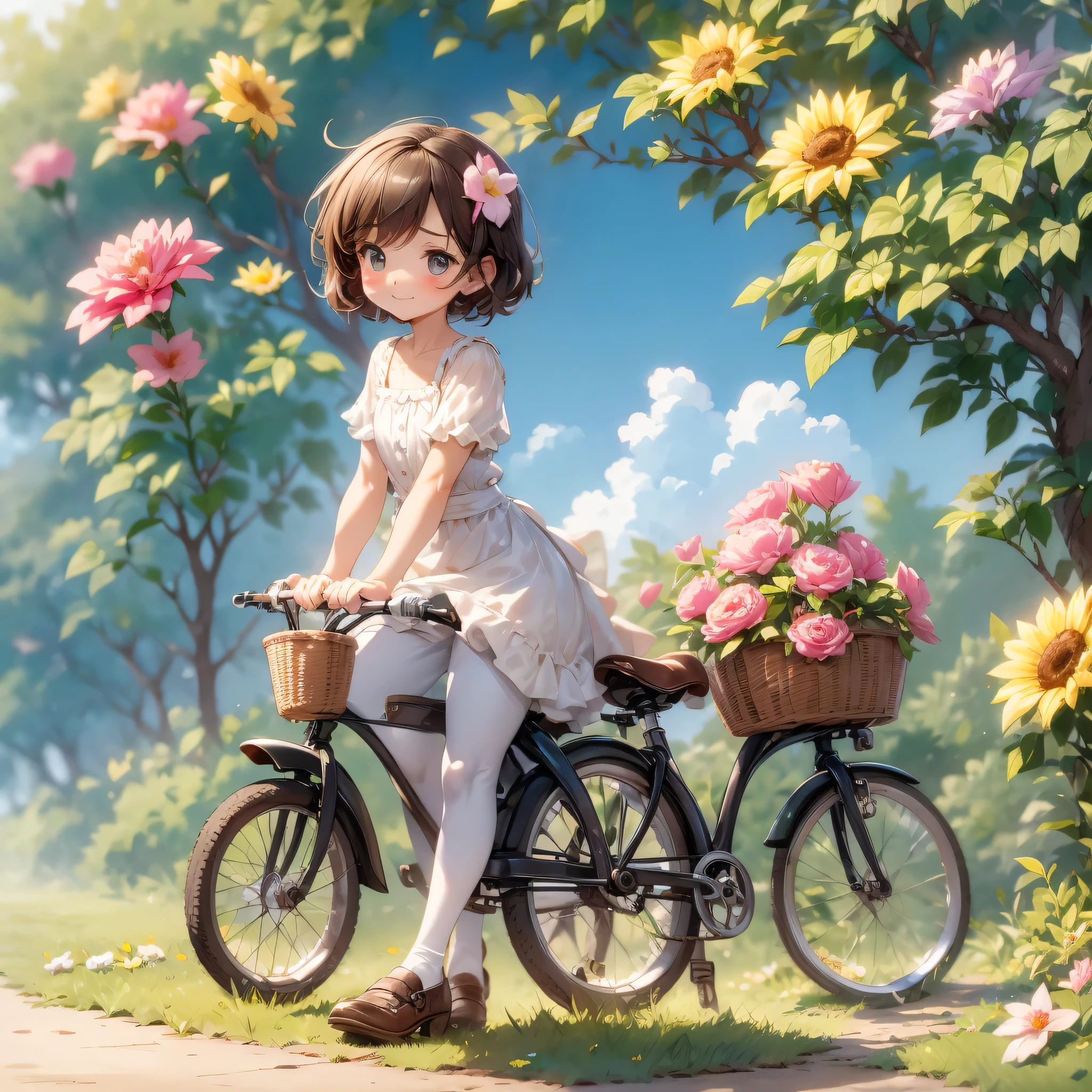 please create a truly chic and elegant, cute  riding a bicycle reading flowers, intriguing and vibrant watercolor colors on a white background, with the fun and charming caption: BOM DIA