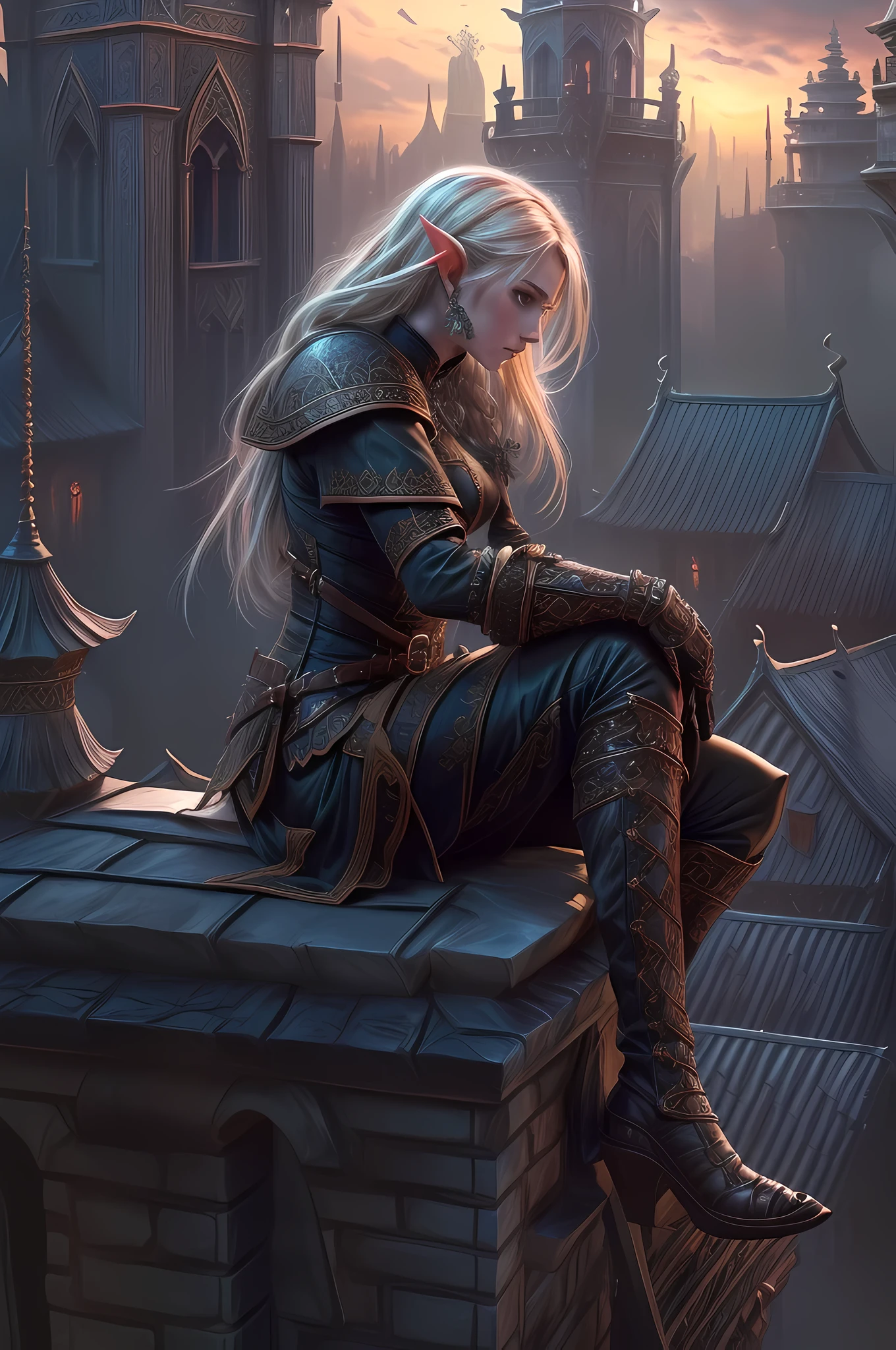 antasy art, d&d art, rpg art, realistic art, goth art, a, high details, best quality, 16k, [ultra detailed], masterpiece, best quality, (extremely detailed), dynamic angle, RAW, photorealistic, a picture of an epic fantasy thief , kneeling on roof top (best details, Masterpiece, best quality: 1.5) on top of a roof in goth fantasy city, ready for action, plenty of buildings, a temple (best details, Masterpiece, best quality: 1.5), female elf (best details, Masterpiece, best quality: 1.5), epic fantasy thief, [[anatomically correct]], blond hair, braided hair, fair skin, intense bright eyes, armed with dagger, dynamic position (intricate details, Masterpiece, best quality: 1.5), small pointed ears, dark armor, full leather armor (intricate details, Masterpiece, best quality: 1.5), tense atmosphere, night, stars light, moon light, moon rays, stars, best details, best quality, highres, ultra wide angle, drkfntasy night over the roof top of a goth church, the elf watches the city below, it is ready to act, medieval city background