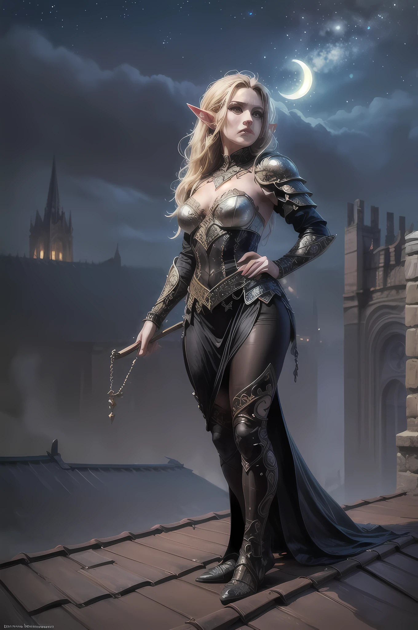 antasy art, d&d art, rpg art, realistic art, goth art, a, high details, best quality, 16k, [ultra detailed], masterpiece, best quality, (extremely detailed), dynamic angle, RAW, photorealistic, a picture of an epic fantasy thief , kneeling on roof top (best details, Masterpiece, best quality: 1.5) on top of a roof in goth fantasy city, ready for action, plenty of buildings, a temple (best details, Masterpiece, best quality: 1.5), female elf (best details, Masterpiece, best quality: 1.5), epic fantasy thief, [[anatomically correct]], blond hair, braided hair, fair skin, intense bright eyes, armed with dagger, dynamic position (intricate details, Masterpiece, best quality: 1.5), small pointed ears, dark armor, full leather armor (intricate details, Masterpiece, best quality: 1.5), tense atmosphere, night, stars light, moon light, moon rays, stars, best details, best quality, highres, ultra wide angle, drkfntasy night over the roof top of a goth church, the elf watches the city below, it is ready to act, medieval city background