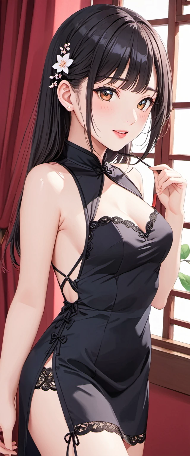 high resolution, Adult women , Good lighting, , (((cheongsam))), (()), ((())), (Garter belt), Abdomen only, (), , Cute face, I&#39;I很尴尬，Blushed, humiliation, ((Look back)), ((transparent))()(T-back)