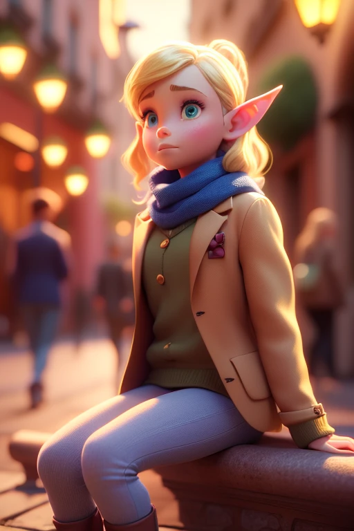 femme elfe blonde assise sur le trottoir avec un foulard, Fille elfe, teen Fille elfe, Très belle elfe top model, Anime 3D réaliste,  tôt, Beauté elfique, elfe femelle, très beau portrait d&#39;elfe, oreilles d&#39;elfe, magnifique elfe des bois,  , Art fantastique hyper réaliste, long oreilles d&#39;elfe, pantalon long à carreaux, un pull en laine blanc atteignant les mains et une veste en lin marron clair.