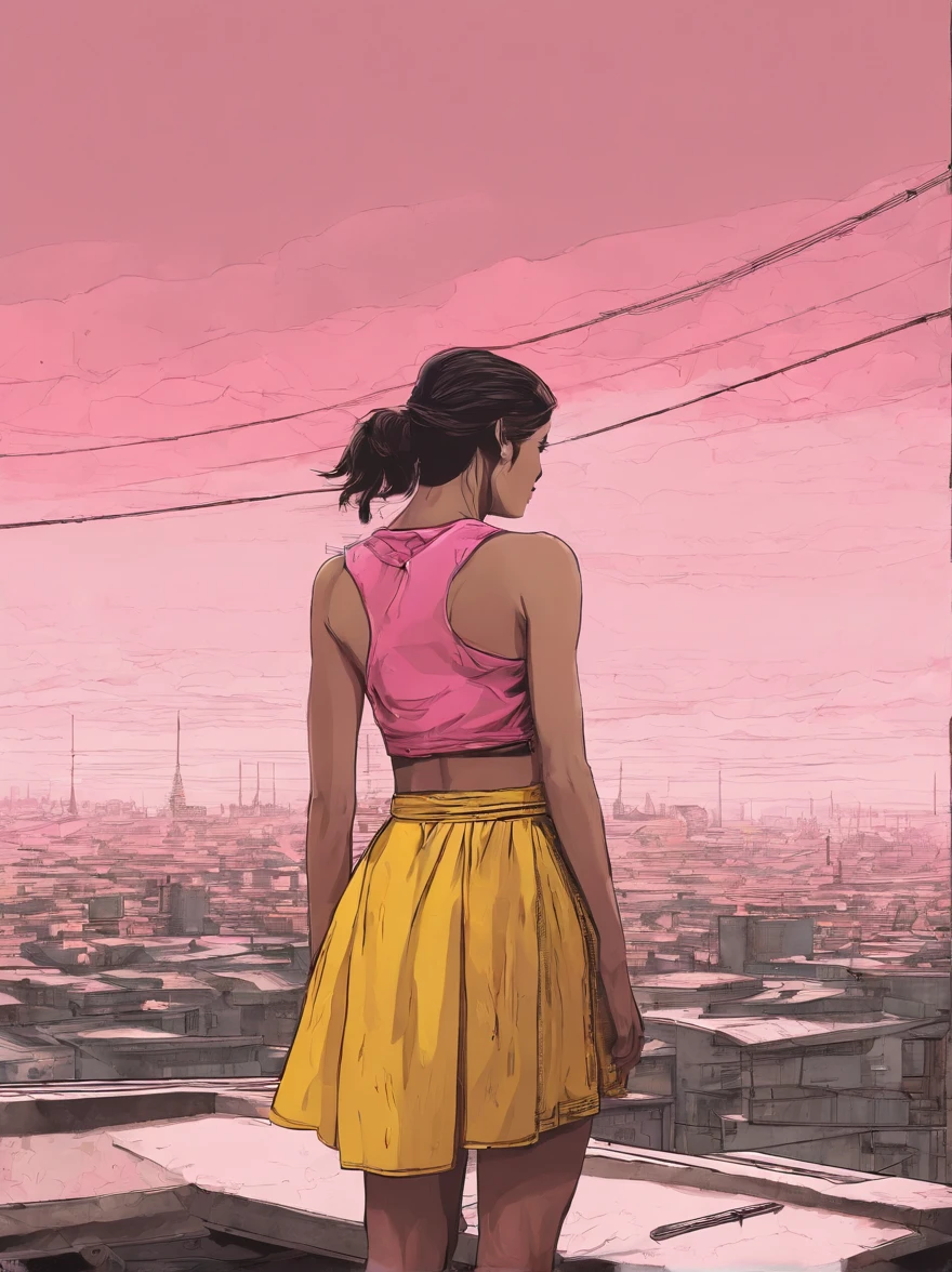 a woman from behind wearing yellow crop top and pink skirt, sorrow, standing on rooftop, suicide issue, the image is bright but sad