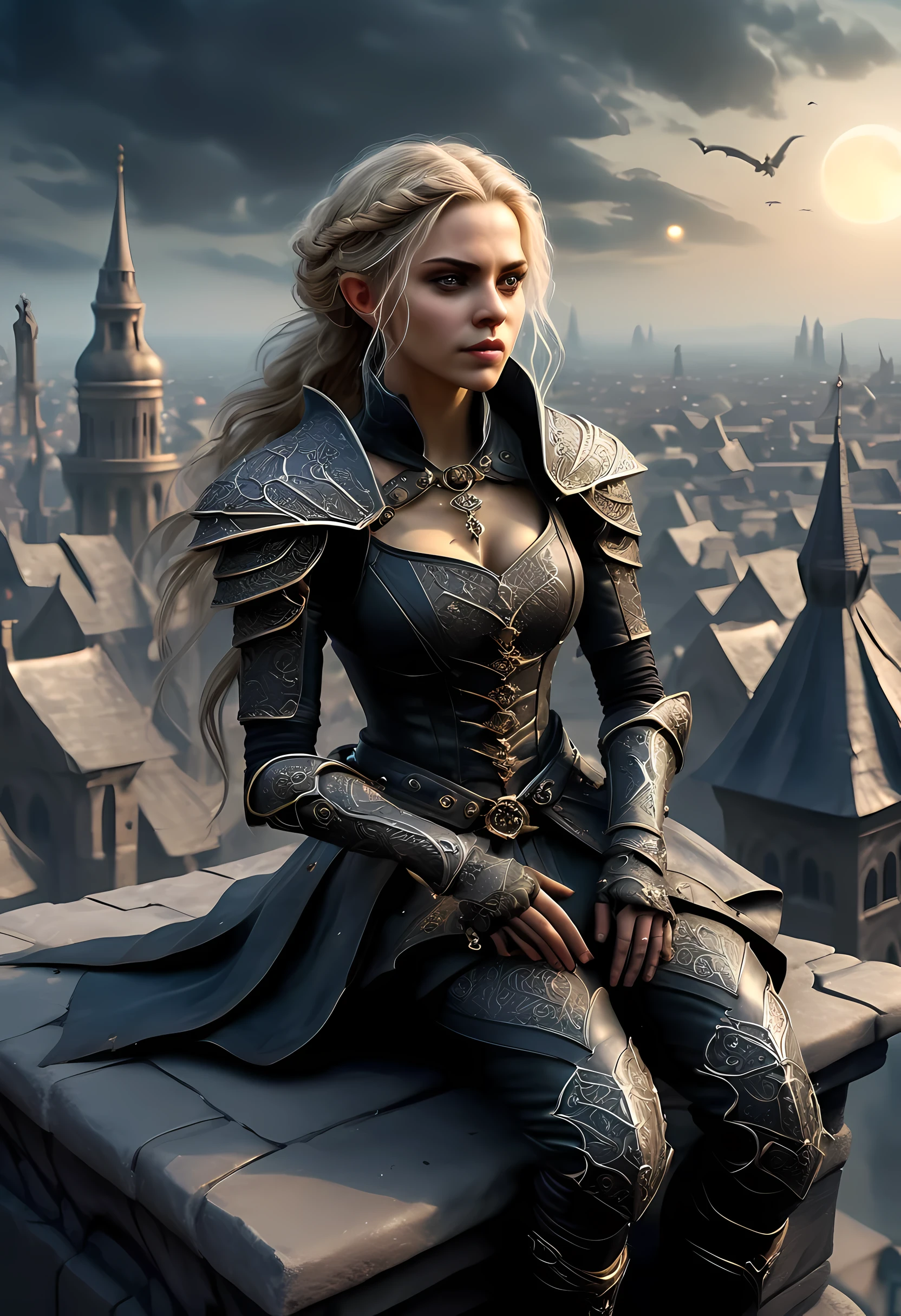 fantasy art, d&d art, rpg art, realistic art, goth art, a, high details, best quality, 16k, [ultra detailed], masterpiece, best quality, (extremely detailed), dynamic angle, RAW, photorealistic, a picture of an epic fantasy thief , kneeling on roof top (best details, Masterpiece, best quality: 1.5) on top of a roof in goth fantasy city, ready for action, plenty of buildings, a temple (best details, Masterpiece, best quality: 1.5), female elf (best details, Masterpiece, best quality: 1.5), epic fantasy thief, [[anatomically correct]], blond hair, braided hair, fair skin, intense bright eyes, armed with dagger, dynamic position (intricate details, Masterpiece, best quality: 1.5), small pointed ears, dark armor, full leather armor (intricate details, Masterpiece, best quality: 1.5), tense atmosphere, night, stars light, moon light, moon rays, stars, best details, best quality, highres, ultra wide angle, drkfntasy night over the roof top of a goth church, the elf watches the city below,  it is ready to act, medieval city background
