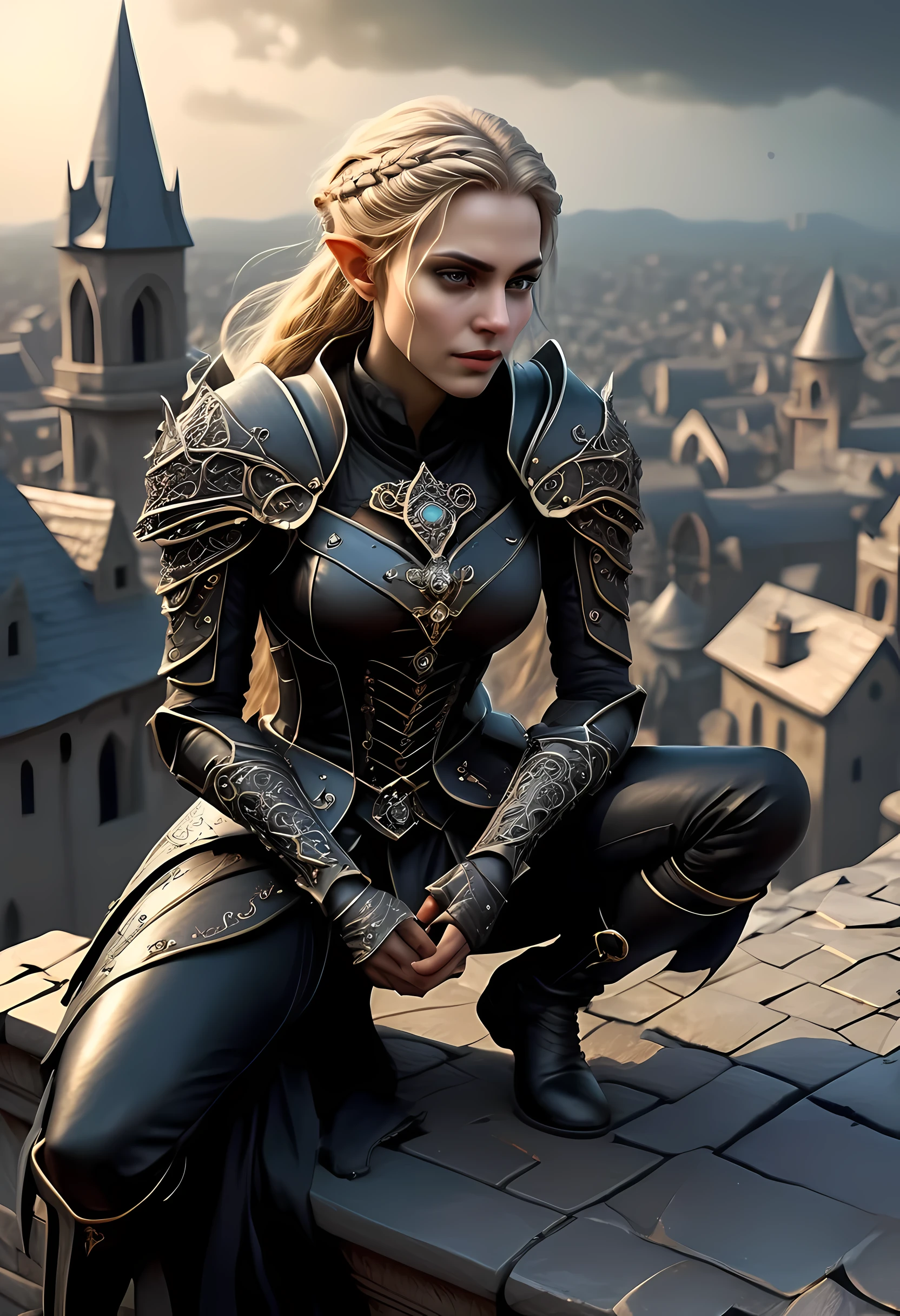 fAntAsy Art, D&D Art, rpg Art, reAlistic Art, goth Art, A, high DetAils, best quAlity, 16k, [ultrA DetAileD], mAsterpiece, best quAlity, (extremely DetAileD), DynAmic Angle, Roh, photoreAlistic, A picture of An epic fAntAsy thief , kniend auf dem Dach (best DetAils, MAsterpiece, best quAlity: 1.5) on top of A roof in goth fAntAsy city, reADy for Action, plenty of builDings, A temple (best DetAils, MAsterpiece, best quAlity: 1.5), femAle elf (best DetAils, MAsterpiece, best quAlity: 1.5), epic fAntAsy thief, [[AnAtomicAlly correct]], blonD hAir, brAiDeD hAir, fAir skin, intensiv leuchtende Augen, ArmeD with DAgger, DynAmic position (intricAte DetAils, MAsterpiece, best quAlity: 1.5), smAll pointeD eArs, DArk Armor, full leAther Armor (intricAte DetAils, MAsterpiece, best quAlity: 1.5), tense Atmosphere, Nacht, stArs light, Mondlicht, moon rAys, stArs, best DetAils, best quAlity, highres, ultrA wiDe Angle, DrkfntAsy Nacht over the roof top of A goth church, the elf wAtches the city below,  it is reADy to Act, meDievAl city bAckgrounD