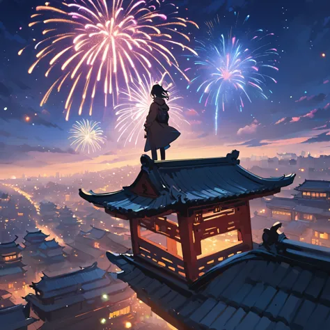 Chinese city，A man watching colorful fireworks on the roof，rios，Colorful lights，（（（tmasterpiece）））， （（Best quality at best））， （（...