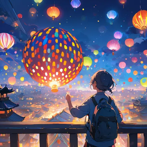 Chinese city，A man watching colorful fireworks on the roof，rios，Colorful lights，（（（tmasterpiece）））， （（Best quality at best））， （（intricately details））， （（hyper realisitc））（8K）