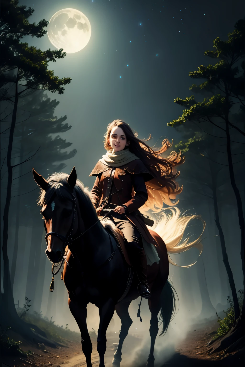 a beautiful young girl goes through a scary forest riding a horse. night, mist, fog, stars, moon, trees, scary atmosphere, dark fantasy, 