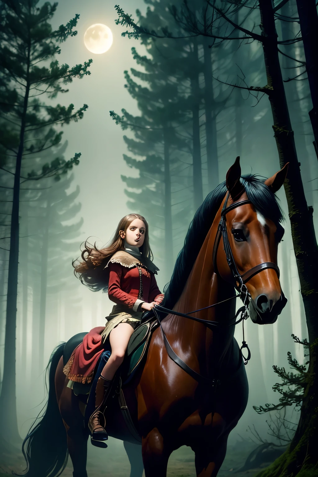 a beautiful young girl goes through a scary forest riding a horse. night, mist, fog, stars, moon, trees, scary atmosphere, dark fantasy, 