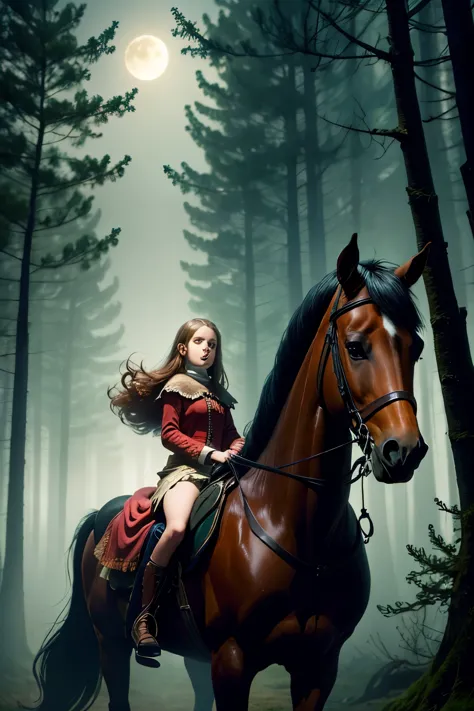 a beautiful young girl goes through a scary forest riding a horse. night, mist, fog, stars, moon, trees, scary atmosphere, dark ...