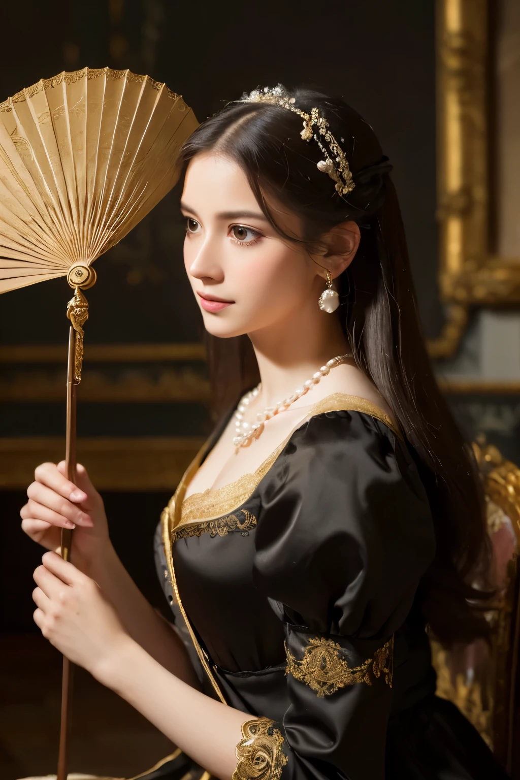 (best quality,highres,masterpiece:1.2),ultra-detailed,portrait,classical painting,vivid colors,studio lighting,dark background,baroque style,soft lighting,long flowing dress,woman sitting in a elegant pose,holding a delicate fan,subtle smile,pearl necklace,golden jewelry,rich lace details,subtle shadows and highlights,romantic atmosphere,realistic,sharp focus,historical setting,gentle and graceful demeanor,meticulous brushstrokes,exquisite facial features and expressions,sublime beauty,fluid brushwork,depth and dimension,tiny details,ageless elegance,artistic finesse,black satin fabric,delicate wisps of hair,ornate furnishings and decorations,old master's touch,masterful use of light and shadow,sophisticated composition,timeless charm,serene and serene gaze,baroque era costume,subdued color palette,classic beauty,long hair cascading down,thick, luscious locks,subtle texture,captivating presence,alluring femininity