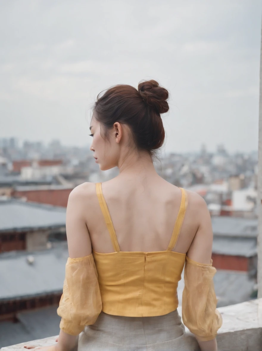 a woman from behind wearing yellow crop top and pink skirt, sorrow, standing on rooftop, suicide issue, the image is bright but sad