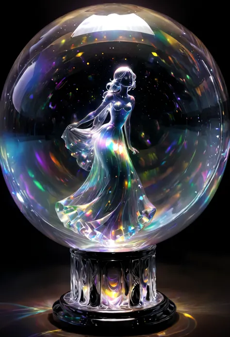 ((((masterpiece, best quality, ultra detail, very_high_resolution, large_filesize, full color)))), One Girl, It&#39;s in a glass ball, The glass ball is shining, The girl is also shining like a fairy., The dark background makes the glass balls stand out.