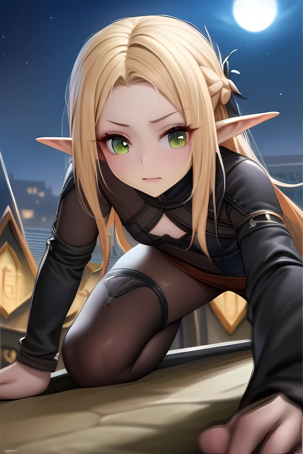 antasy art, d&d art, rpg art, realistic art, goth art, a, high details, best quality, 16k, [ultra detailed], masterpiece, best quality, (extremely detailed), dynamic angle, RAW, photorealistic, a picture of an epic fantasy thief , kneeling on roof top (best details, Masterpiece, best quality: 1.5) on top of a roof in goth fantasy city, ready for action, plenty of buildings, a temple (best details, Masterpiece, best quality: 1.5), female elf (best details, Masterpiece, best quality: 1.5), epic fantasy thief, [[anatomically correct]], blond hair, braided hair, fair skin, intense bright eyes, armed with dagger, dynamic position (intricate details, Masterpiece, best quality: 1.5), small pointed ears, dark armor, full leather armor (intricate details, Masterpiece, best quality: 1.5), tense atmosphere, night, stars light, moon light, moon rays, stars, best details, best quality, highres, ultra wide angle, drkfntasy night over the roof top of a goth church, the elf watches the city below, it is ready to act, medieval city background