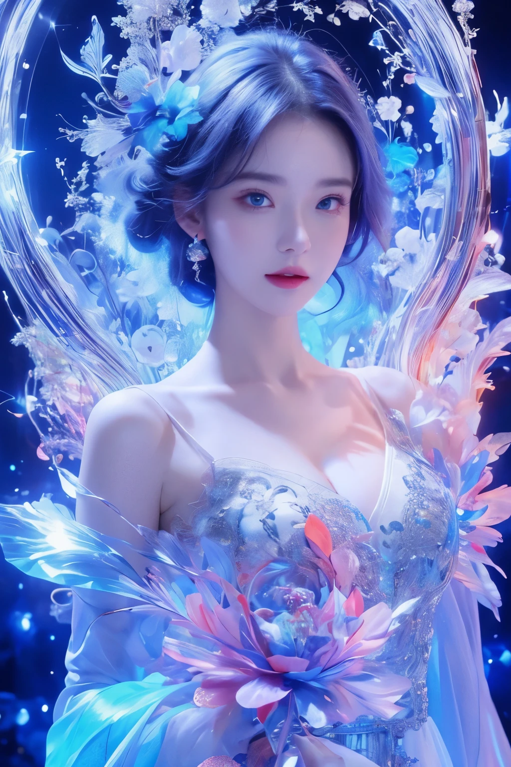 Witch woman，Conservative dress，Ion Rainbow，Blue Crane，Dressed in blue, red and white princess dress，Upper body close-up，Close-up photo，jewelry，Big Breasts、Vision of Heaven and Earth，Magic crystal ball，The background is the Milky Way，solar system、