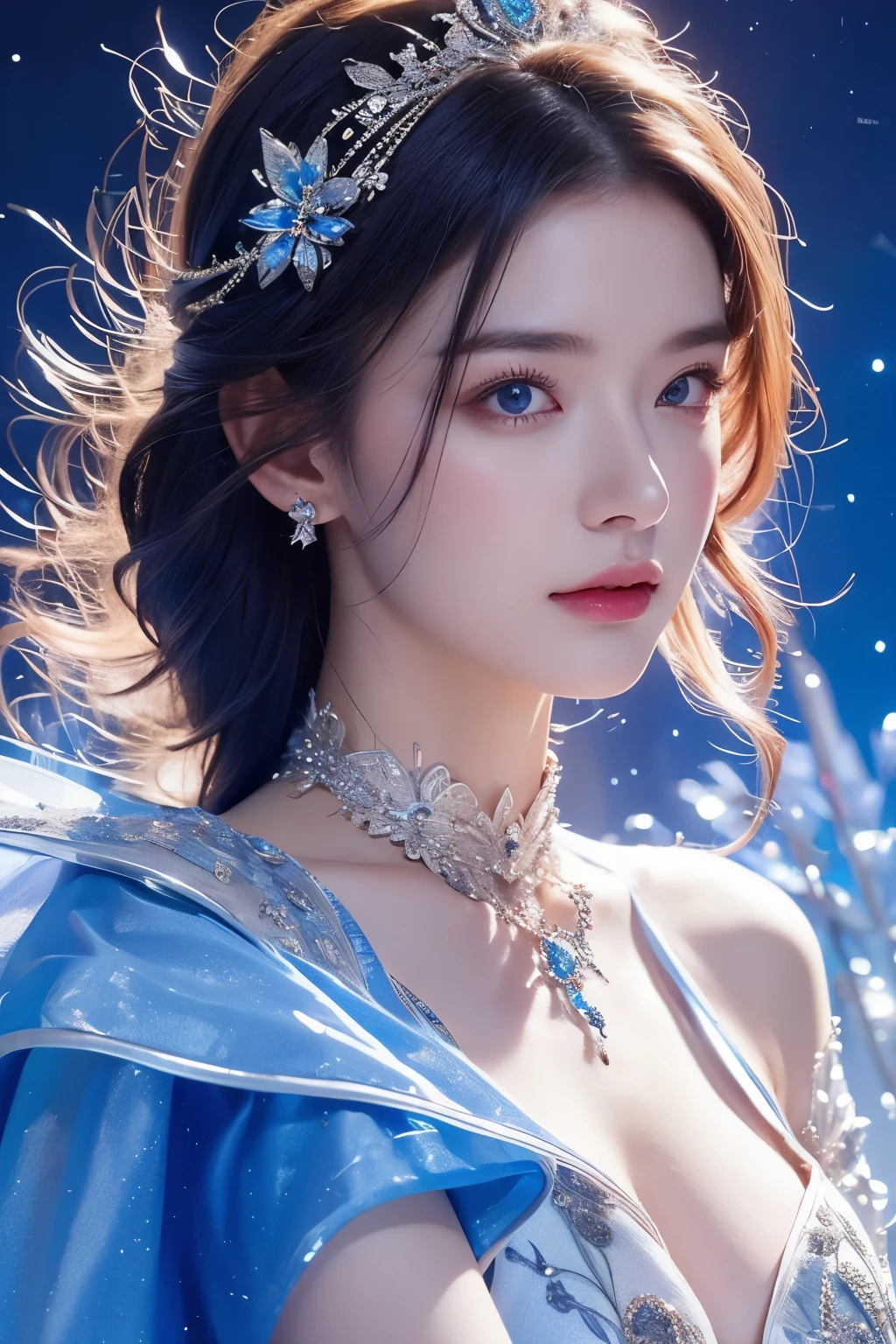 Witch woman，Conservative dress，Ion Rainbow，Blue Crane，Dressed in blue, red and white princess dress，Upper body close-up，Close-up photo，jewelry，Big Breasts、Vision of Heaven and Earth，Magic crystal ball，The background is the Milky Way，solar system、