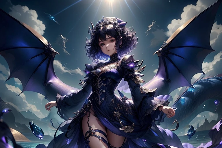 Fantasy,Girl,teenager,Floating in the sky,Put your right hand forward:1.8,Purple clothes,short hair,Curly hair,Black Hair,Spiky Tiara,A huge dragon face behind:1.5,Dragon Breath,Full body view,blue sky,sky,cloud,Morning Sun