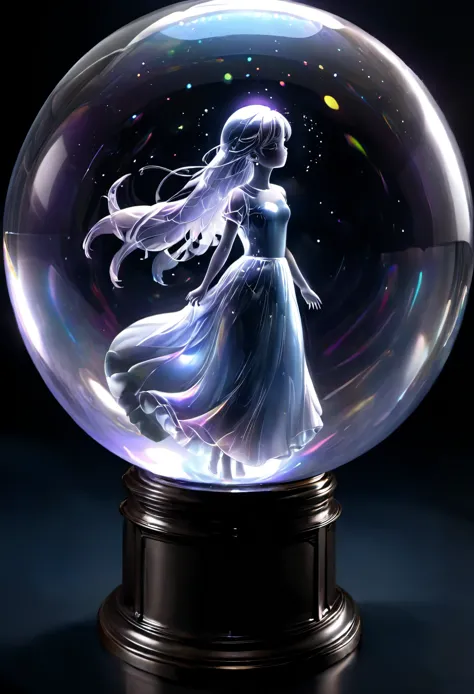 ((((masterpiece, best quality, ultra detail, very_high_resolution, large_filesize, full color)))), One Girl, It&#39;s in a glass ball, The glass ball is shining, The girl is also shining like a fairy., The dark background makes the glass balls stand out.