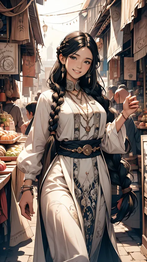 a detailed of a girl with long black braided hair, smiling, wearing a black and white flowy garment, navigating a bustling marke...