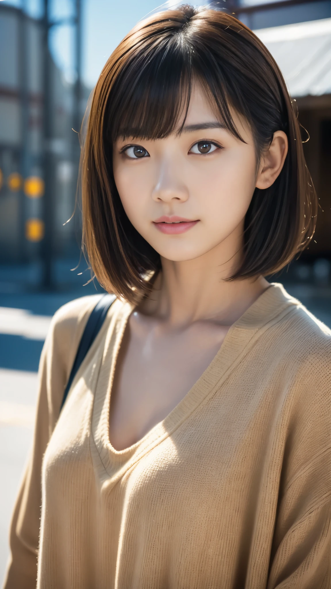 japanese woman, head shot, from front, serious expression, brown eyes, medium hair, bangs, warm tones, industrial buildings, photography, simplicity, high resolution, natural makeup, young adult, Fujifilm XT3, Canon R5, Fujicolor Fujichrome Velvia 100,smile,Upper body photo、Short Hair、