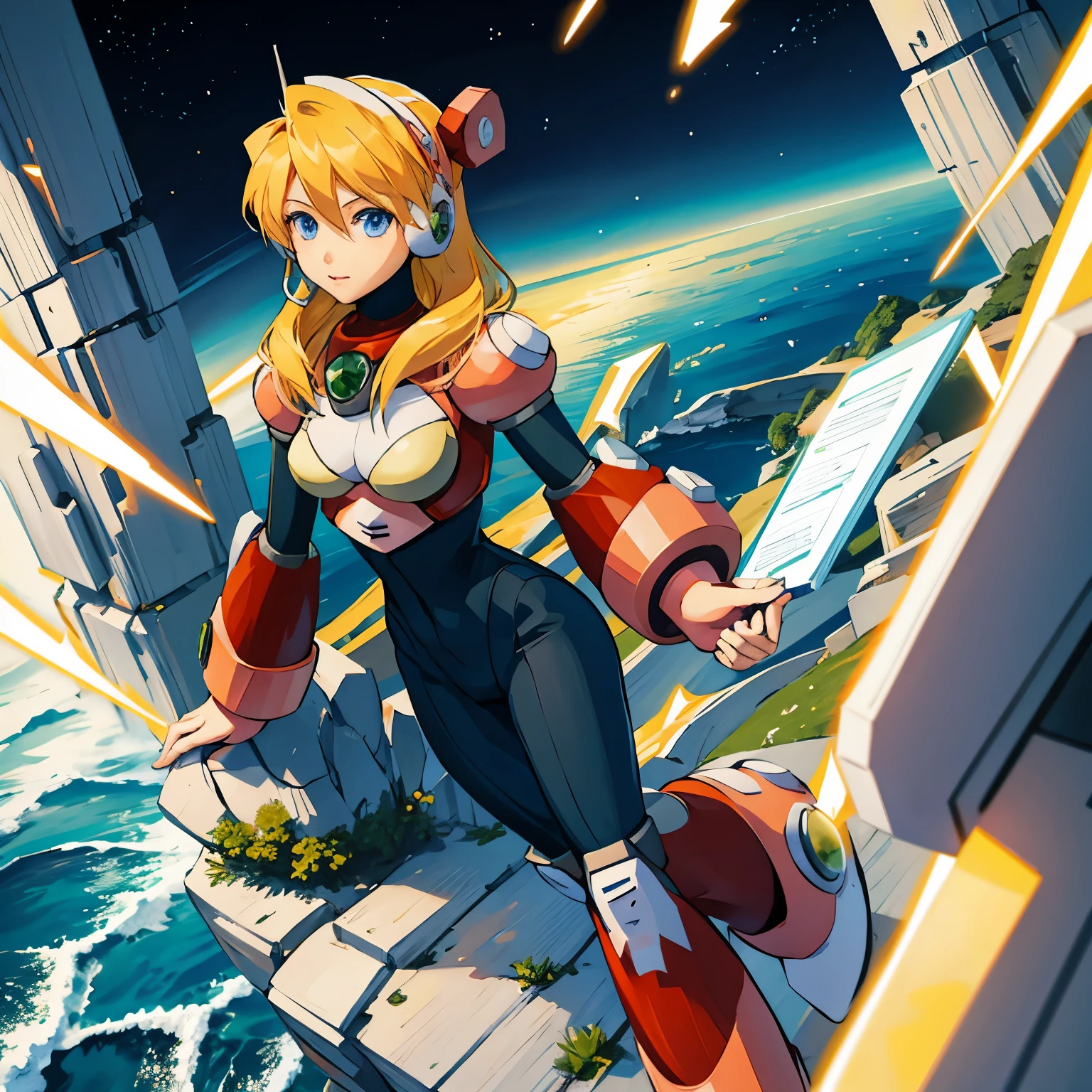 alia_megamanx, 1girl, solo, breasts, blue eyes, blonde hair, android, long hair, robot ears, overlooking the ocean on the edge of a rock, in the style of avian-themed, realistic yet stylized, villagecore, azure, orange and azure, dragoncore, aerial view