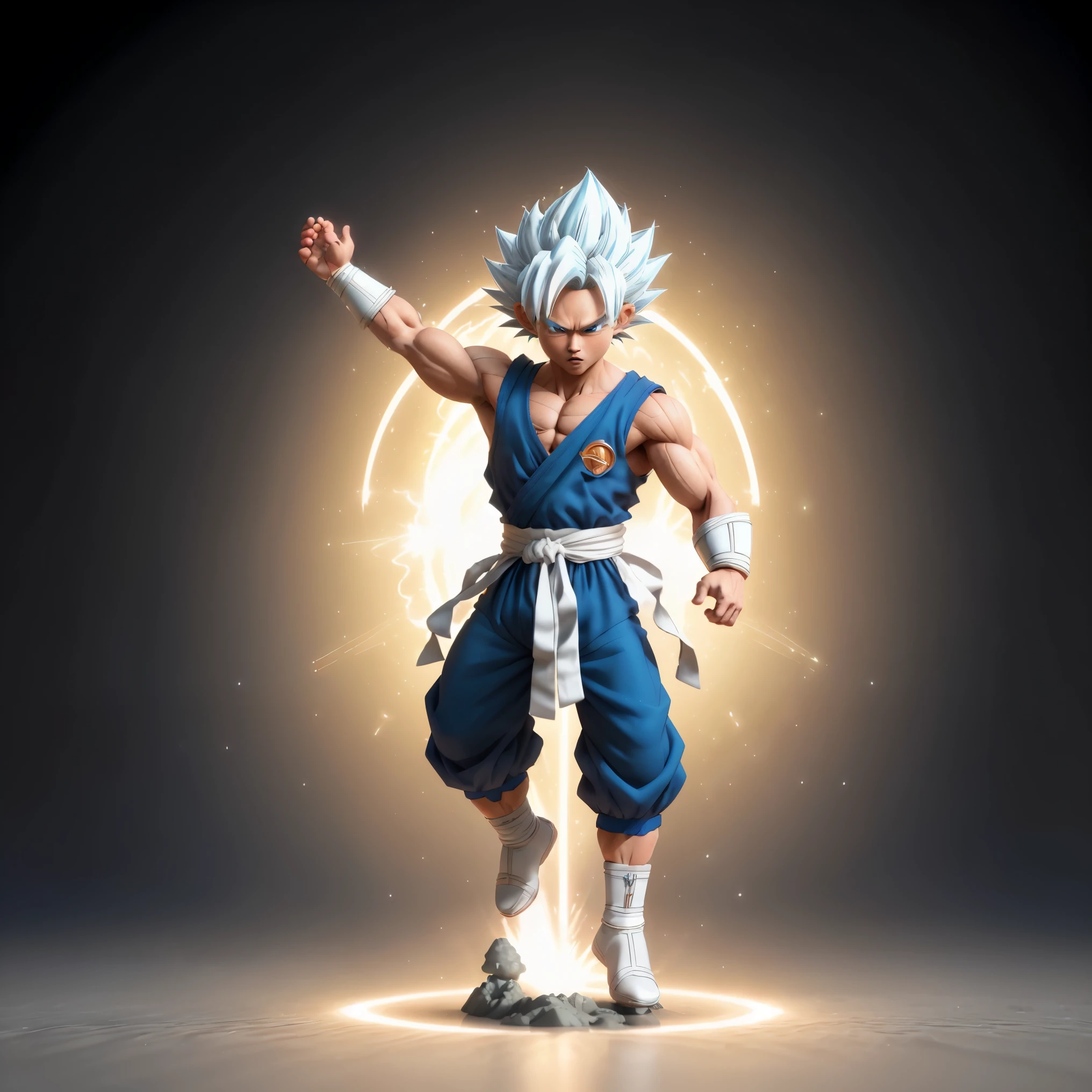 Goku, super saiyan, exquisite hair, arm depiction, white and blue hair body, exquisite shoes, eye depiction, exquisite hair, popmart blind box, clay texture, stepping on the land, black and white background, natural lighting, most good quality, super detail, 3D art, c4d, OC renderer, 3D rendering, 8k