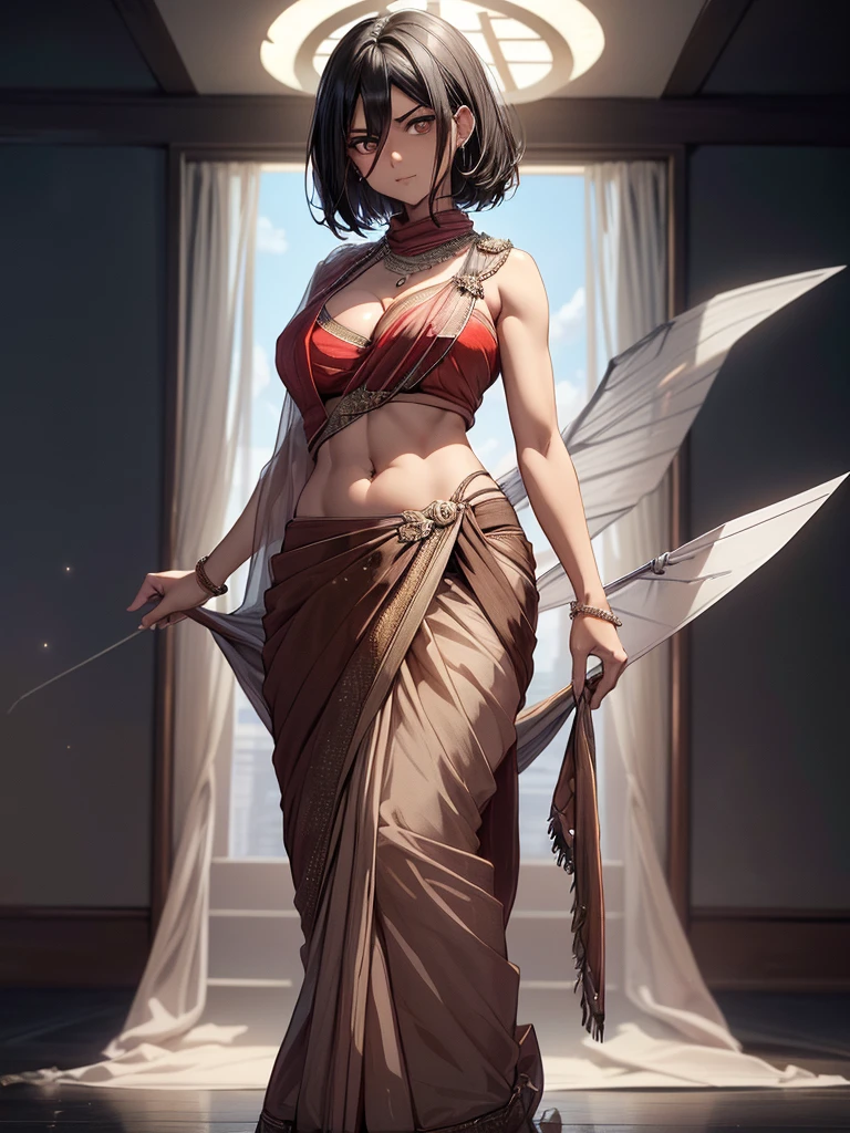 （8k, RAW photos, minino：1.1） ，female，（looki at viewer company），cowboy lens，Japanese，mikasa ackerman / (attack on titan\），（fullbody saree：1.1），La Brett Piercing，cleavage，((( saree)))，seductive smile，Be red on the face, full body photo, standing, lean, muscular legs, muscular belly, short hair, black hair, brown eyes, medium breasts, Professional lighting、photon mapping、physics-based rendering、dark theme，wearing wifs, jewellery and necklace, alone, extreme high quality, legs covering saree