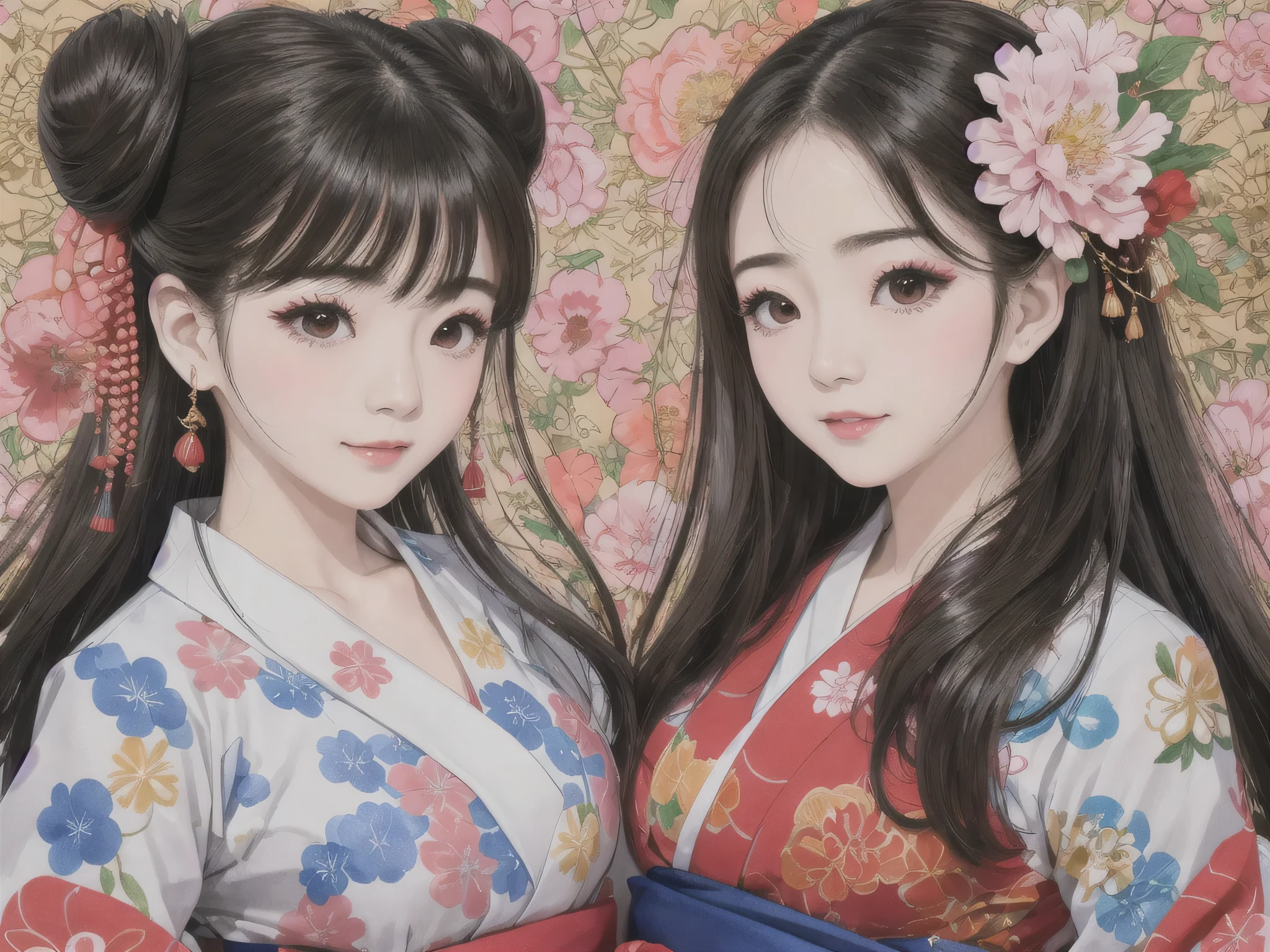 Each has a different expression２People and sisters、(２ girls）、｟Dancing traditional arts with grace)、((Big Breasts、Small Face、Not exposed))、highest quality、masterpiece、（Black Hair、Bun Hair）、Brown Eyes、｟Wide angle、Angle from above the waist、Pause on the magazine cover、Each person has a different perspective when looking into the distance｠、(８K high quality、masterpiece、High resolution、Realistic and beautiful light and shadow、(highest quality)、(High Resolution)、(Very delicate and beautiful)、(Beautiful 8k face)、(Smiling and closing your eyes、Beautiful eyes)、(Clear skin)、(Soft hair)、(８Head to Body)、(A Japanese style yukata kimono with red, pink and orange floral patterns on a white background, interspersed with gold powder、Wearing a yukata２Beautiful Japanese girls)、((Tanabata decoration background))、((Small Face))、(arms up)、Thin and small nose、（Red lipstick）、（Make your cheeks red）、（Glossy skin）、((Ink painting style))、Very thin eyebrows、Overall ultra-high image quality、（She is wearing maiko-style makeup.）、Whitening、Long and beautiful eyelashes、Glowing Skin、（Red cheeks）,Straight nose、masterpiece、highest quality、whole body、 Eyebrows visible through hair、Bun Hair、Grin、Gal、Kogal、Viewer&#39;s Eyes、Plaid、Stylish、woman、fine、Pause、
Waiting to start 
