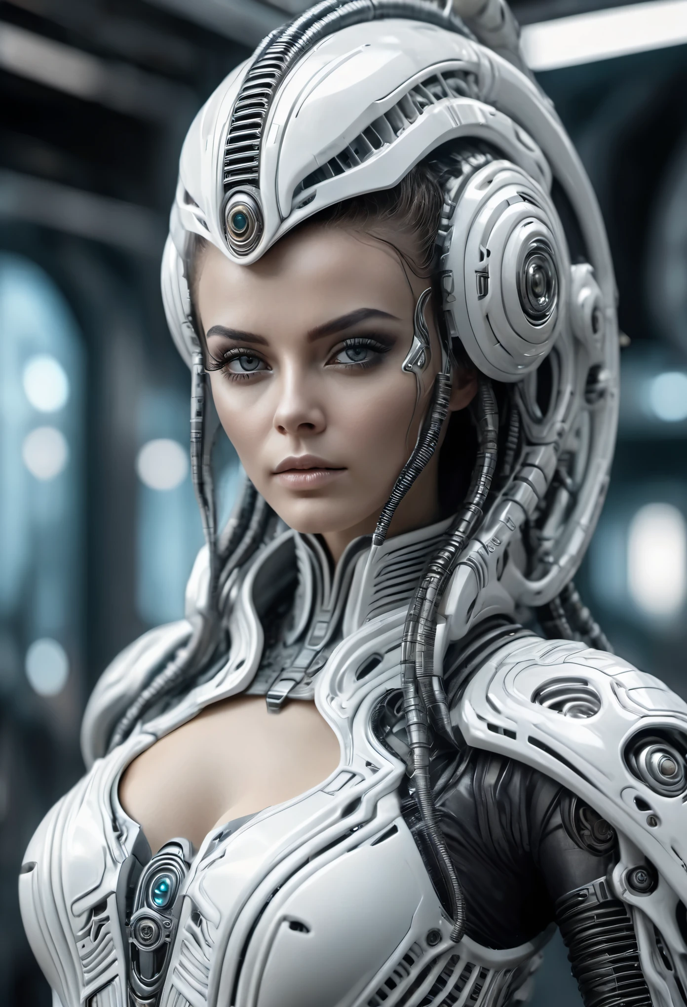 armed female figure in a white sci-fi suit 70s, (Artstation:1.1), (intricate:1.1), (great eye detail:0.7), solo, female, looking at viewer, photorealistic, 8k, unreal engine, inspired by HR Giger, half body portrait, highly detailed,