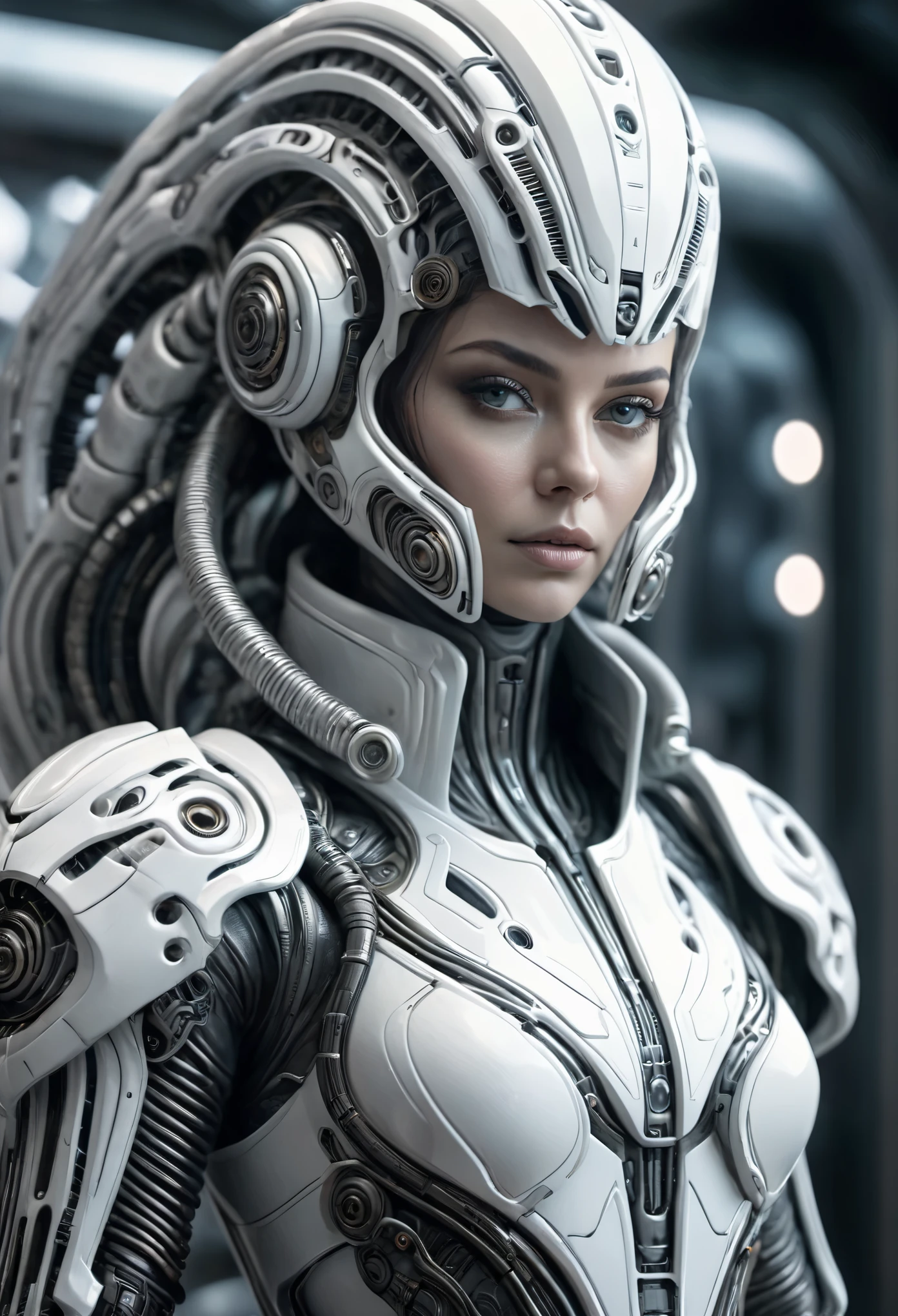 armed female figure in a white sci-fi suit 70's, (Artstation:1.1), (intricate:1.1), (great eye detail:0.7), solo, female, looking at viewer, photorealistic, 8k, unreal engine, inspired by HR Giger, half body portrait, highly detailed,