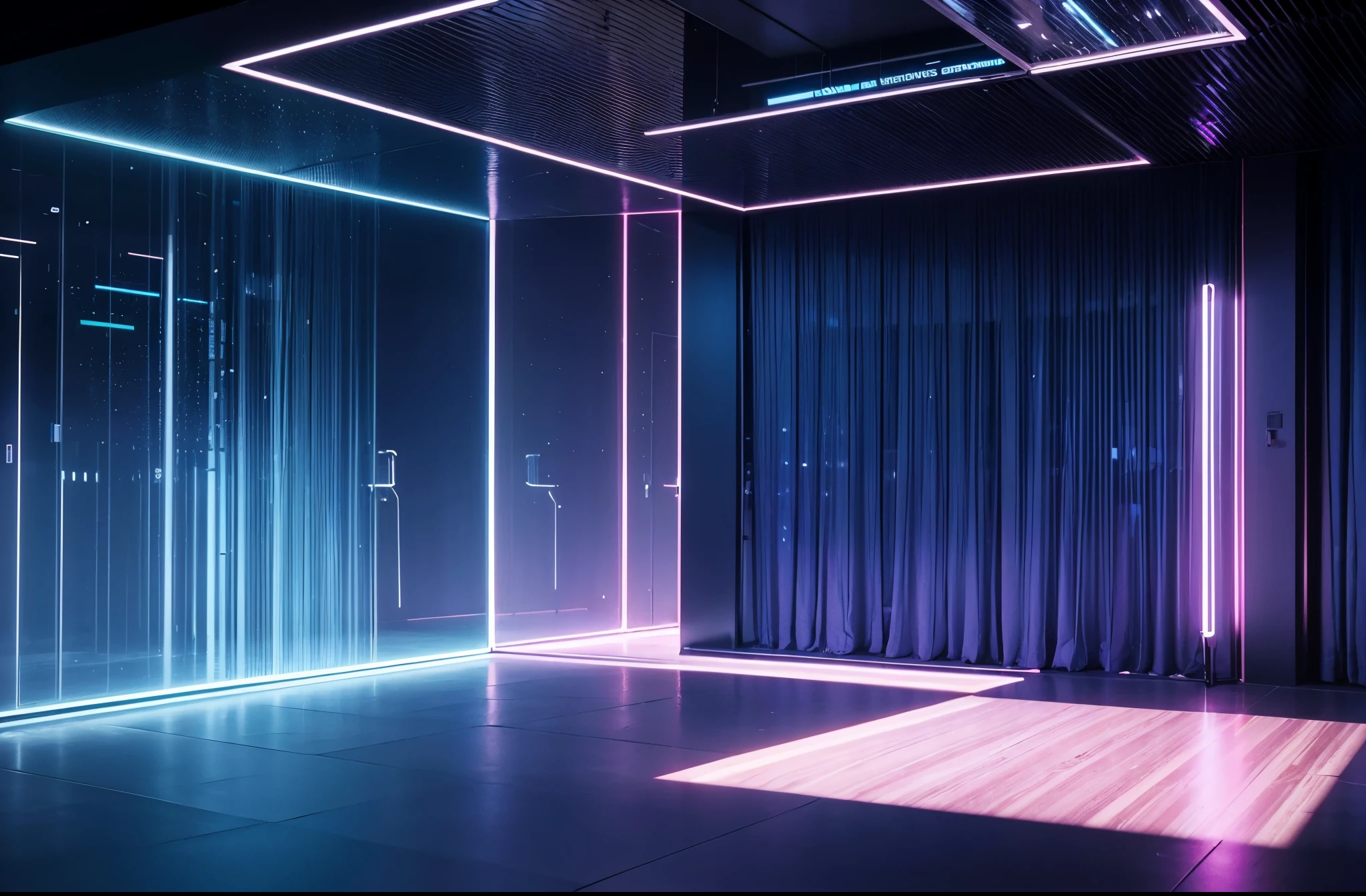 (best quality,4k,8k,highres,masterpiece:1.2),ultra-detailed,(realistic,photorealistic,photo-realistic:1.37),blue and pink cyberpunk empty room with furniture (no person),futuristic neon lights,high-tech,modern design,transparent walls,reflection on the floor,levitating objects,vibrant colors,glowing holographic displays,highly-detailed 3D models,sleek furniture,ambient lighting,shadows and highlights,hi-tech gadgets,smooth surfaces,metallic finishes,contemporary artwork,industrial accents,geometric shapes,abstract patterns,laser beams,an immersive atmosphere,wireless charging pads,LED strips,interplay of light and shadows,advanced technology,crystal-clear glass,neon signs,streaming data,innovative architecture,cosmic backdrop,electronic devices,sophisticated aesthetics,motion sensor activated lights,a perfect blend of blue and pink tones,a minimalistic approach with a touch of avant-garde,an ethereal and otherworldly aura,unique and cutting-edge design elements for a surreal experience.