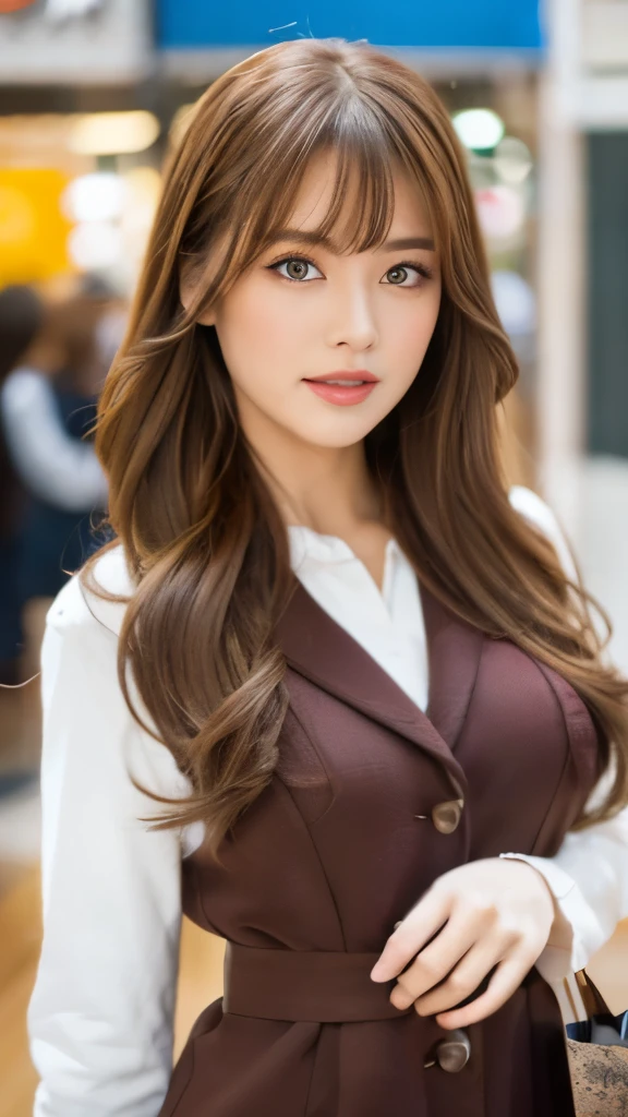 Best quality, 8k,  ,Masterpiece :1.3)), facing viewer,((full body1.2)) ,pretty woman, wide shot ,1girl, , selfie   , ,, Shopping Mall, brown hair  , bangs,ultra-detailed face, highly detailed lips, detailed eyes, double eyelid