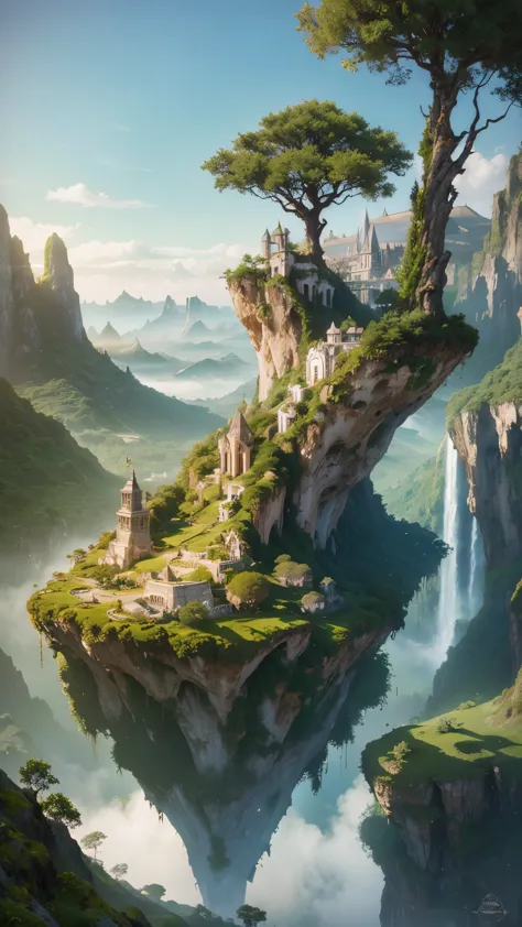 A fantastical and ethereal landscape with floating islands, lush greenery, and majestic buildings