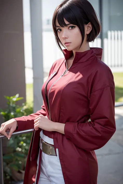 sakura haruno, shippuden, ((solo)), solo, ((in front of the show)), elegante,con una blusa roja y una falda rosa claro, sakura h...