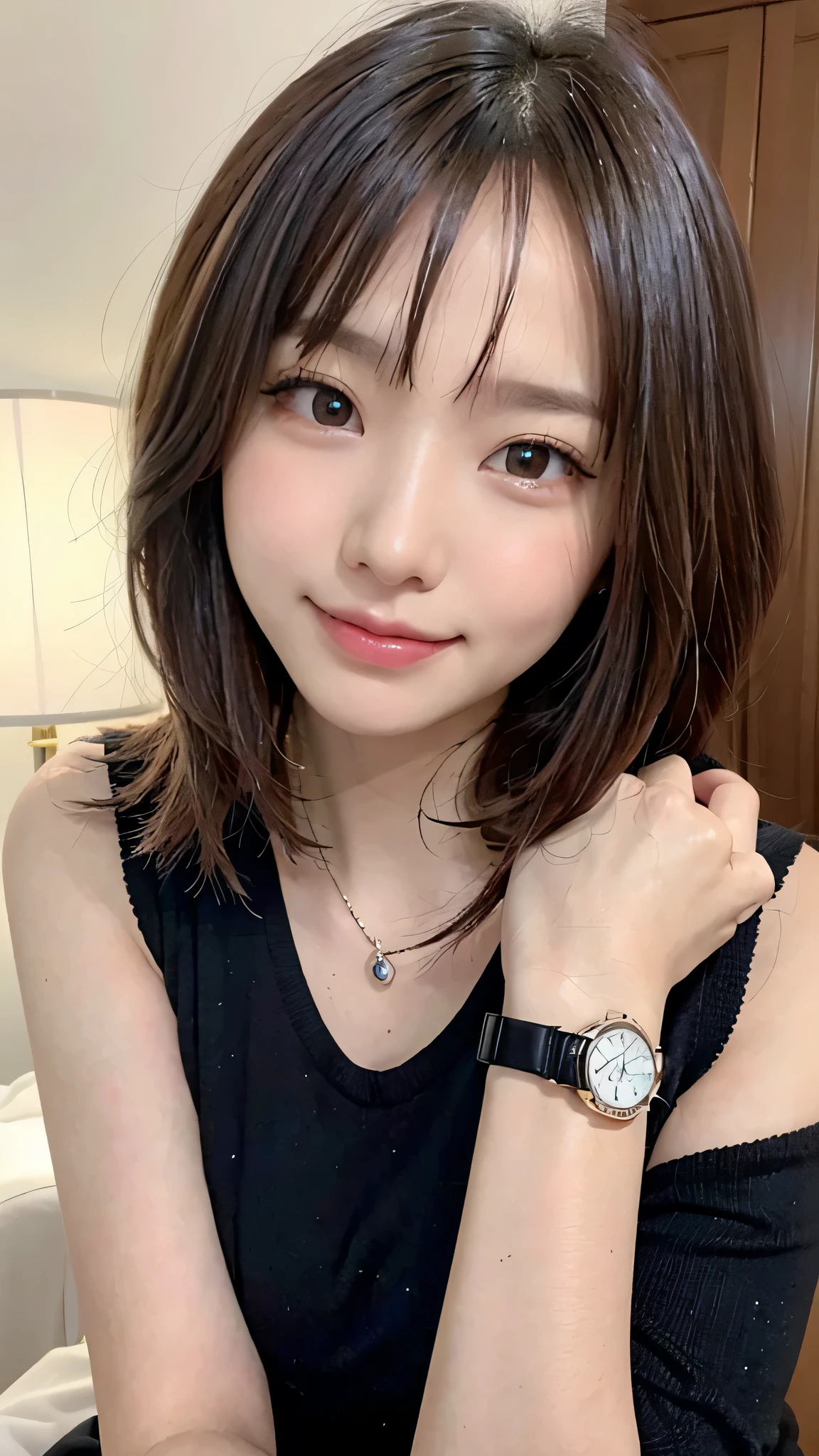 Close-up of a woman with a watch on her wrist, With cute, doting eyes, Cute girl - Beautiful face, Nice delicate face, Dreaming eyes, Pretty and kind eyes, Cute - Beautiful - Face, Captivating eyes, Beautiful light big eyes, sakimi chan, The elegant pose is cute, Look lovingly at the camera, Deep and attractive eyes