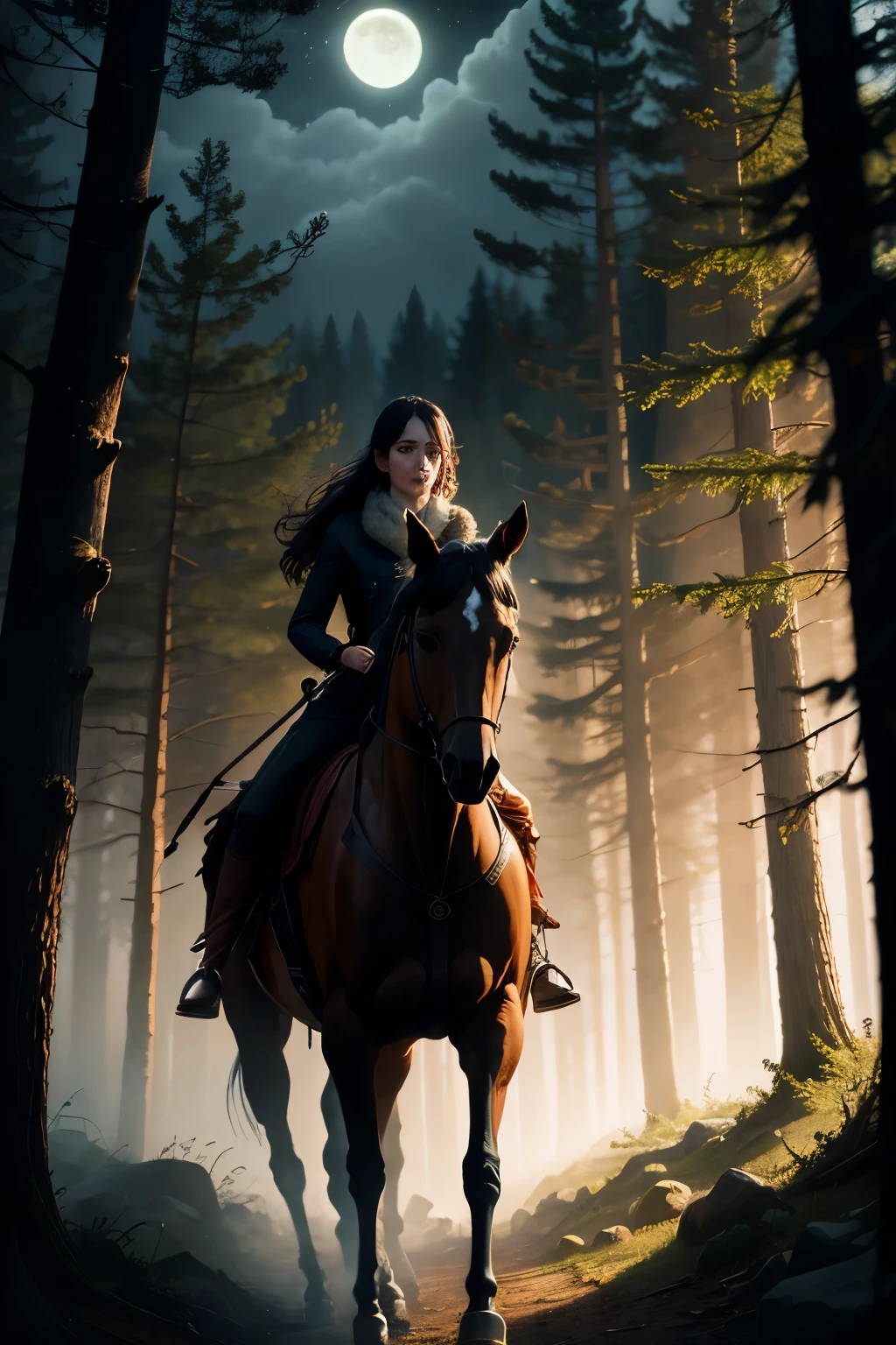 (best quality,highres:1.2),ultra-detailed,realistic,horror,portrait,forest scene,scary girl riding horse,moonlit night,haunting atmosphere,ominous mist and fog,majestic trees,star-filled sky