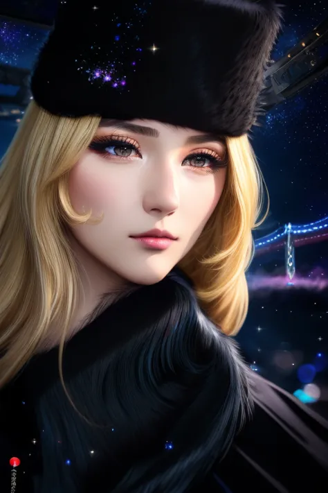 masterpiece, blonde straight, hair, care, fur trim, black hat, fur has, dress, yellow fleeting sad eyes, steam (station: 1.1), s...