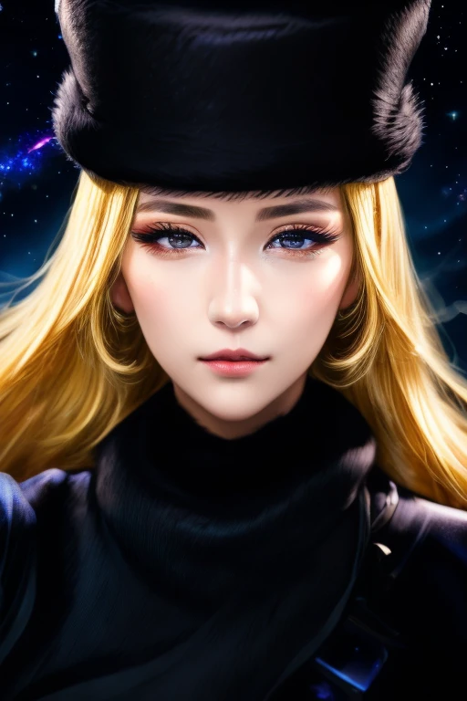 masterpiece, blonde straight, hair, care, fur trim, black hat, fur has, dress, yellow fleeting sad eyes, steam (station: 1.1), station platform, night, galaxy, 999, best quality, super fine, 16k, RAW photo, photorealistic, incredibly absurdres, extremely detailed, beautiful woman, fleeting sad expression, (angular face: 1.2), Shiny face, (Tight waist: 1.1), lip makeup, long eyelashes, galaxy, fantastic and mysterious, SF fantasy
