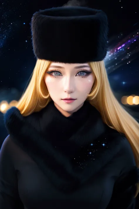 masterpiece, blonde straight, hair, care, fur trim, black hat, fur has, dress, yellow fleeting sad eyes, steam (station: 1.1), s...