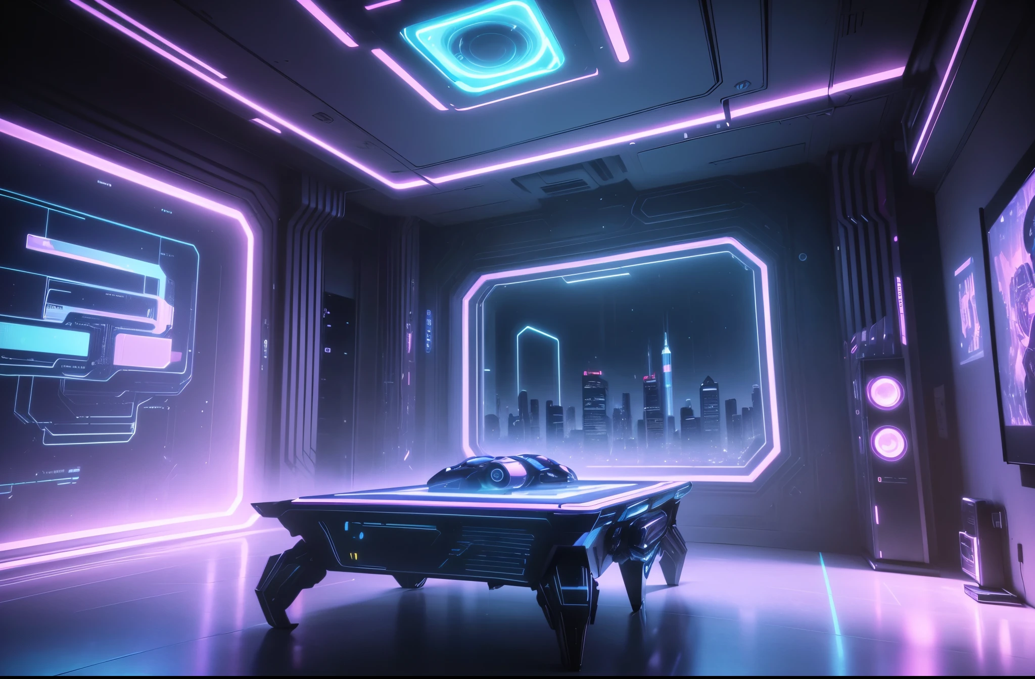 (best quality,4k,8k,highres,masterpiece:1.2),ultra-detailed,(realistic,photorealistic,photo-realistic:1.37),blue and pink cyberpunk empty room with furniture, futuristic interior design, neon lights, holographic displays, sleek and minimalist furniture, reflective surfaces, metallic accents, glowing LED panels, translucent walls, high-tech gadgets, dynamic lighting, vibrant colors, atmospheric ambiance, sci-fi inspired decor, cutting-edge technology, interactive surfaces, virtual reality headset, floating shelves, intelligent AI assistant, immersive audio system, cybernetic enhancements, advanced robotics, futuristic architecture, panoramic windows, futuristic skyline, holographic projections, a captivating blend of technology and aesthetics.