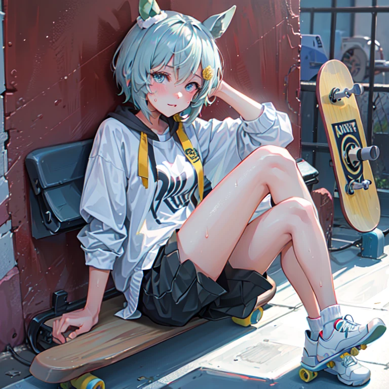 high quality,hd,16k,sharp line, Seiun Sky (umamusume),1girl,female skateboard athlete ,cute face, large breasts, nice legs,hold a skateboard, sweat,in skateboard venue,focus girl,detailed beautiful face,detailed clothes,beautiful eyes,pretty,dynamic angle