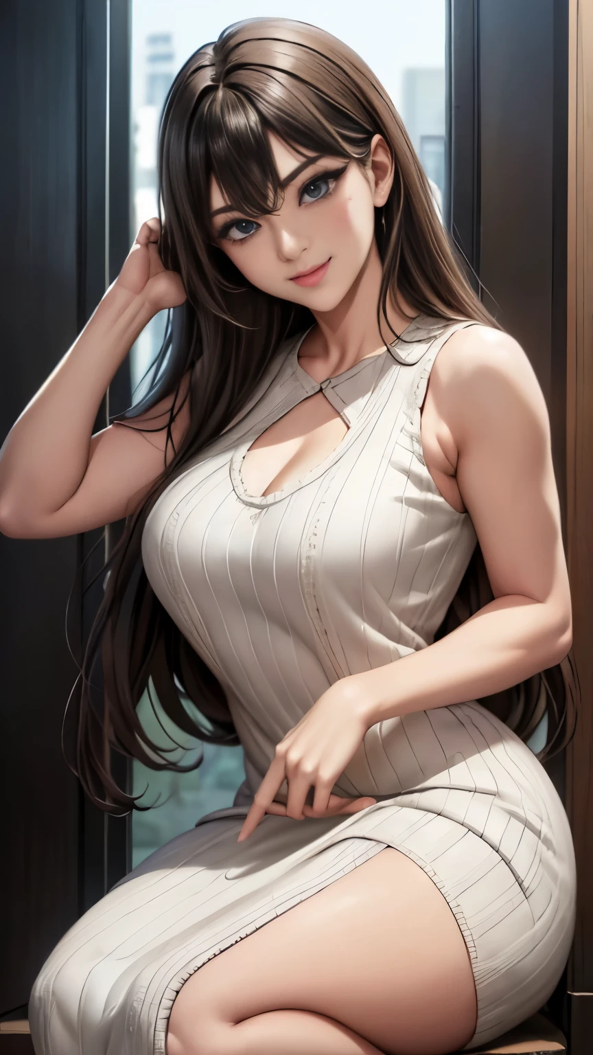 (8k, 超high resolution, best quality, Fragments flying:1.2),(26 years old:1.2)、(A bright smile)、(look away)、8k、Japanese girl original portrait、超high resolution、best quality、 (Small Breasts:1.5),(Sleeveless knitted dress:1.5)、(From below:1.2)、Walk、Support your chest with your hands、(panty shot:1.2)、(City:1.4) Blake (Natural skin texture、delicate skin、Surrealism、Super sharp)、Intricate details、Written border depth、idol sculpture、Actress model pose、 Miss、、Black long hair、Rear view、Beautiful ass、Star film、best quality、high resolution))、(1 girl)、(Practical:1.4)、Solitary、shut your mouth、a happy expression、Smile happily、beautiful brunette、big eyes、Transparent double eyelids、eyelash、stick out ears、long neck、Absolute area、Beautiful clavicle、Perfect face、Bangs、きれいなBangs、Thin lips、White skin、Small face、The face has become smaller、Draw all the heads、Look slightly upwards at the camera、(Look at the audience、eyes highlights、Light brown eyes、Lip gloss chest bulge、squat、White boots、