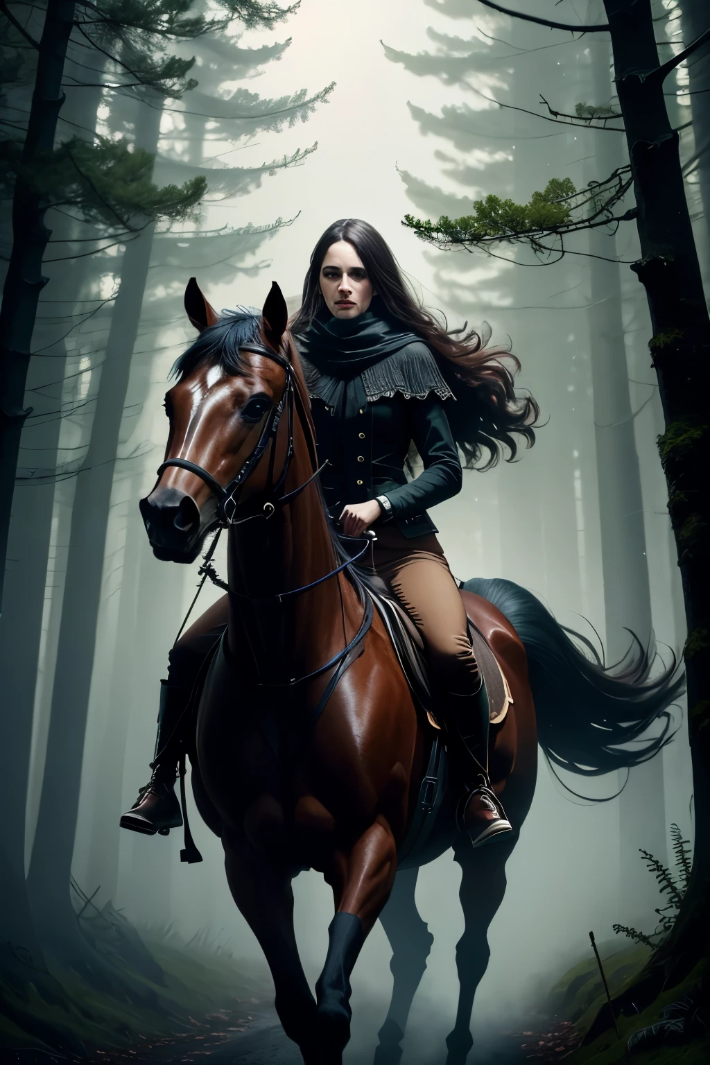 (best quality,highres:1.2),ultra-detailed,realistic,horror,portrait,forest scene,scary girl riding horse,moonlit night,haunting atmosphere,ominous mist and fog,majestic trees,star-filled sky